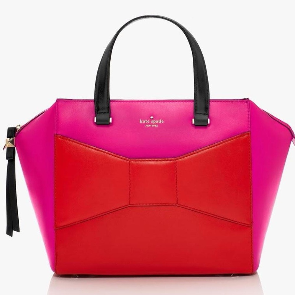 Kate Spade New York satchel featuring a vibrant hot pink and red Bow Tote